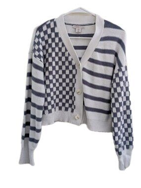 Sincerely Jules Checkered Striped Cardigan Blue Grey Grandpacore Eclectic XL